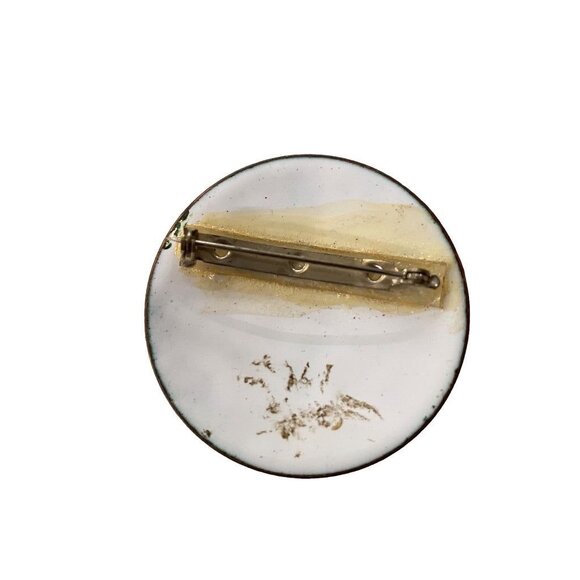 Vintage 1980s Porcelain Brooch Pin Mod Design Blue Green Glazed Copper Trim 2" D - Picture 7 of 12